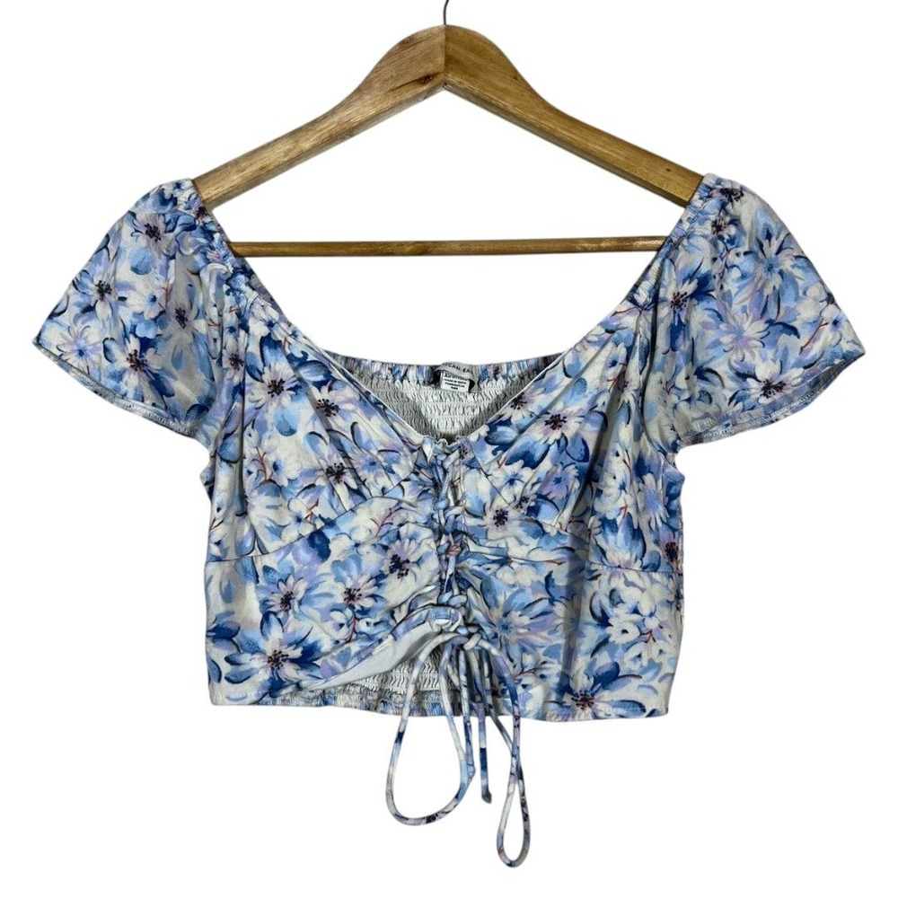 American Eagle Floral Lace Up Smocked Crop Top White Boho Cottagecore Size XS